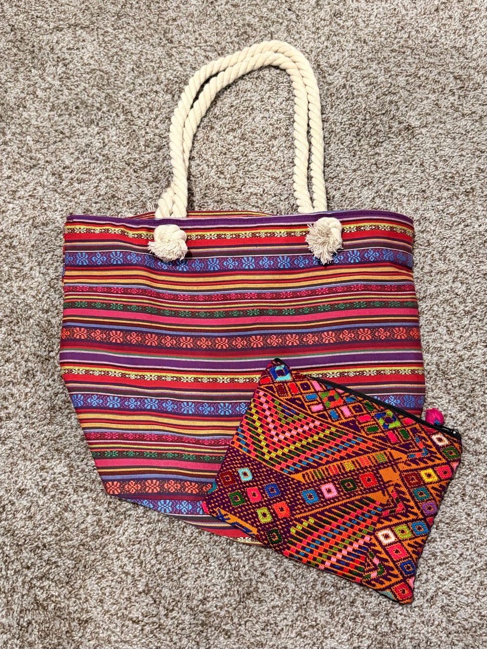 Striped Multicolor Rope-Handle Tote with Pouch